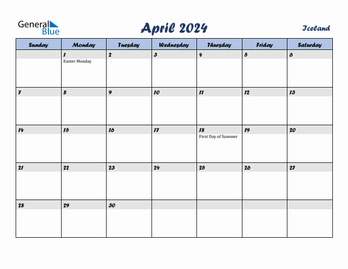 April 2024 Calendar with Holidays in Iceland