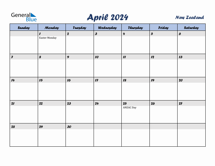 April 2024 Calendar with Holidays in New Zealand