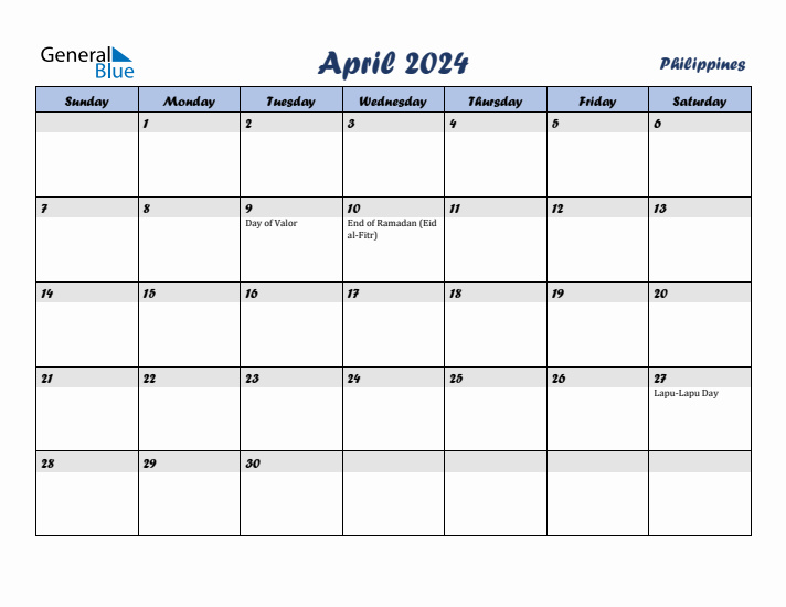 April 2024 Monthly Calendar with Philippines Holidays