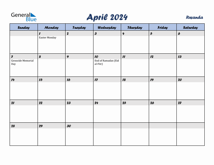 April 2024 Calendar with Holidays in Rwanda