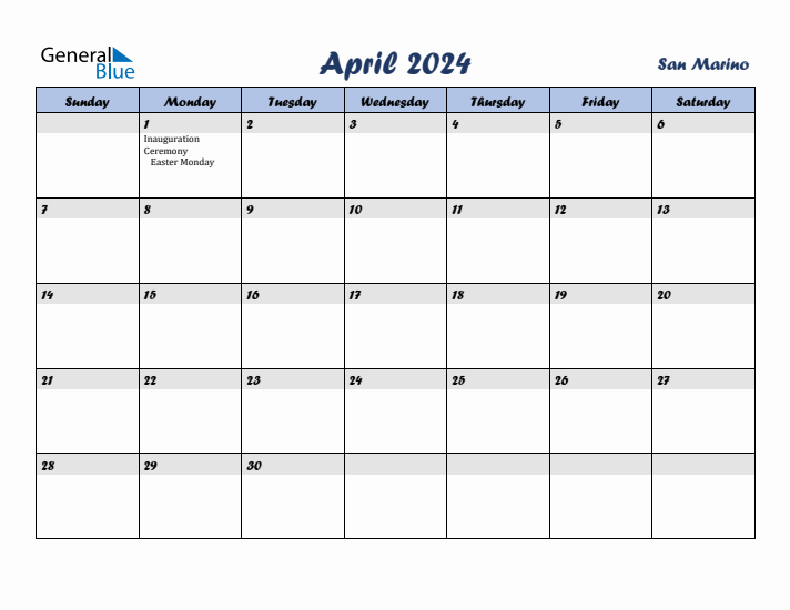 April 2024 Calendar with Holidays in San Marino