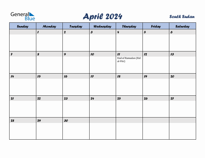 April 2024 Calendar with Holidays in South Sudan