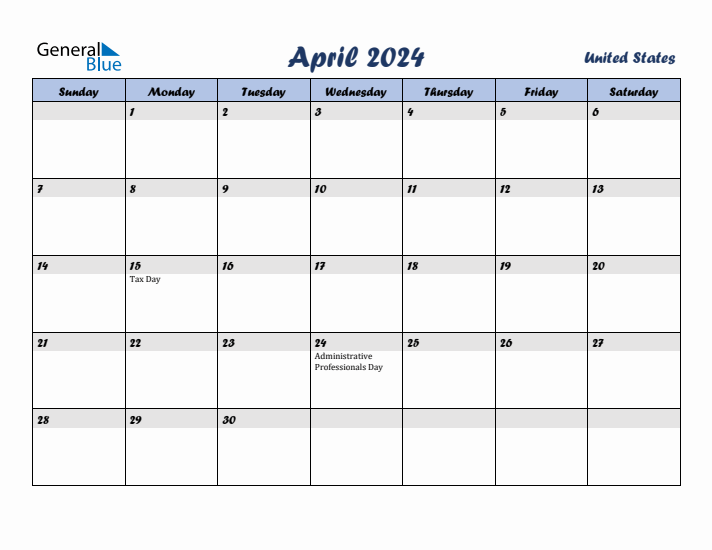 April 2024 Calendar with Holidays in United States