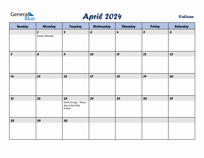 April 2024 Calendar with Holidays in Vatican