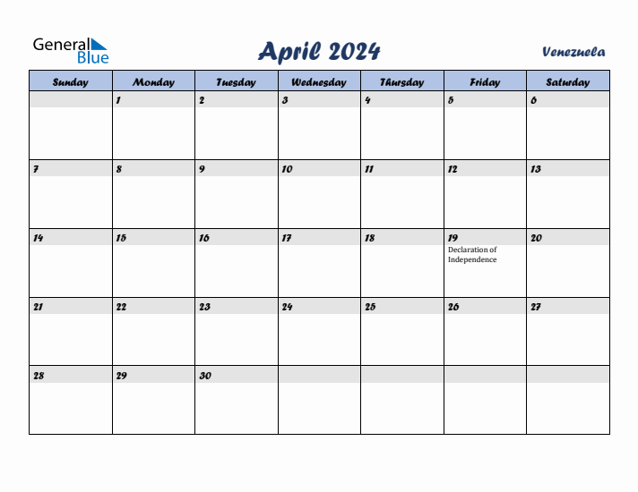 April 2024 Calendar with Holidays in Venezuela