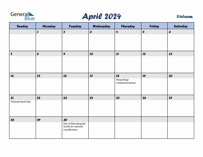 April 2024 Calendar with Holidays in Vietnam