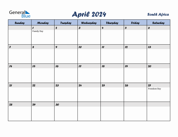 April 2024 Calendar with Holidays in South Africa