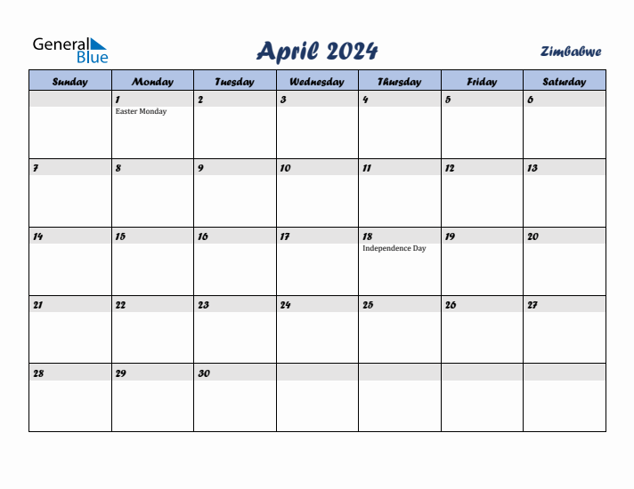 April 2024 Calendar with Holidays in Zimbabwe