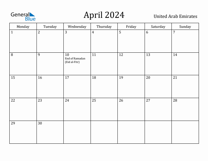 April 2024 Calendar United Arab Emirates