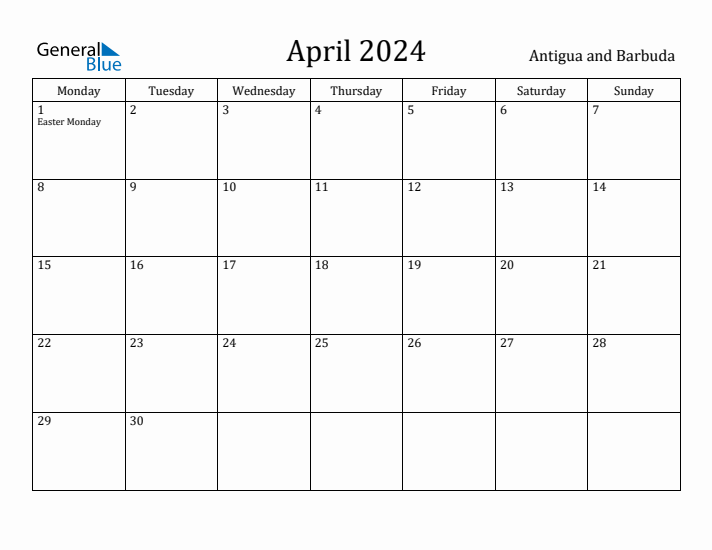 April 2024 Calendar Antigua and Barbuda