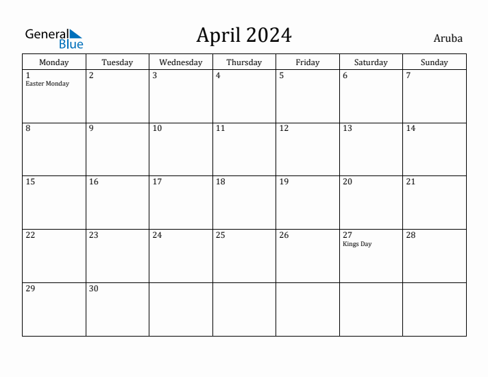 April 2024 Calendar Aruba
