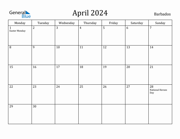 April 2024 Calendar Barbados
