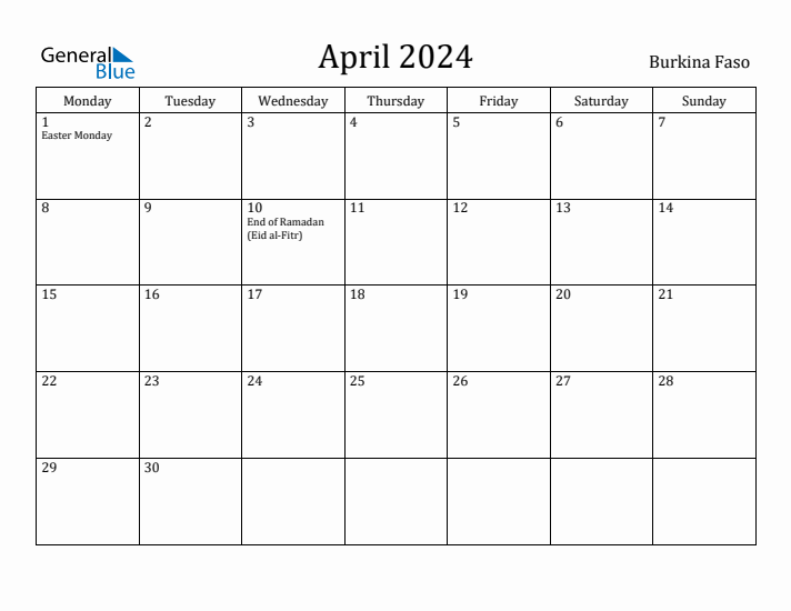 April 2024 Calendar Burkina Faso
