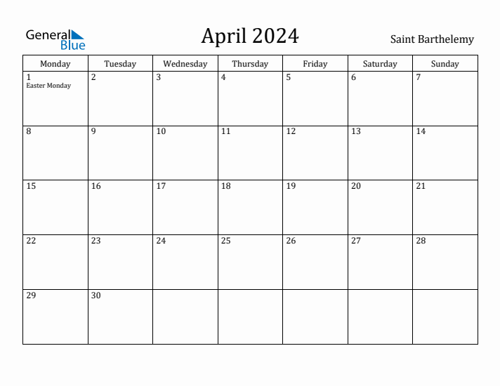 April 2024 Calendar Saint Barthelemy