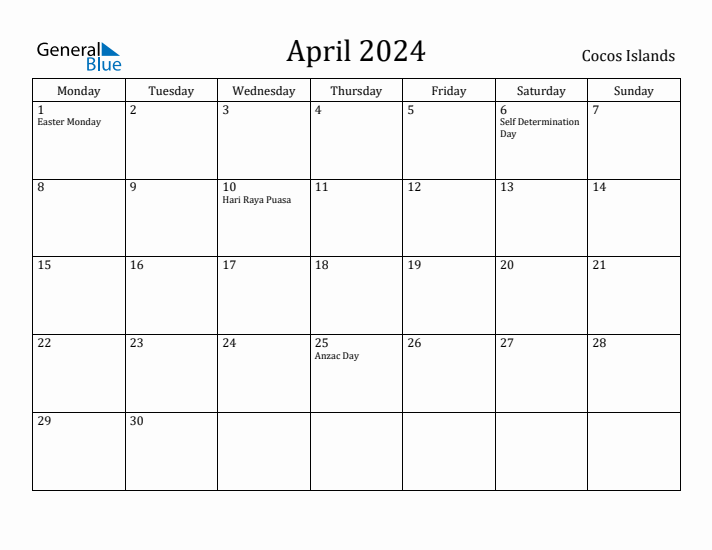 April 2024 Calendar Cocos Islands