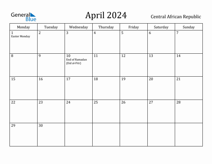 April 2024 Calendar Central African Republic