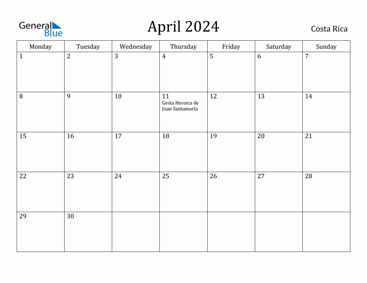 April 2024 Costa Rica Monthly Calendar with Holidays