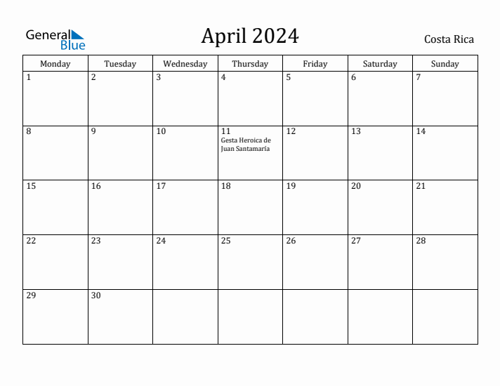 April 2024 Calendar Costa Rica