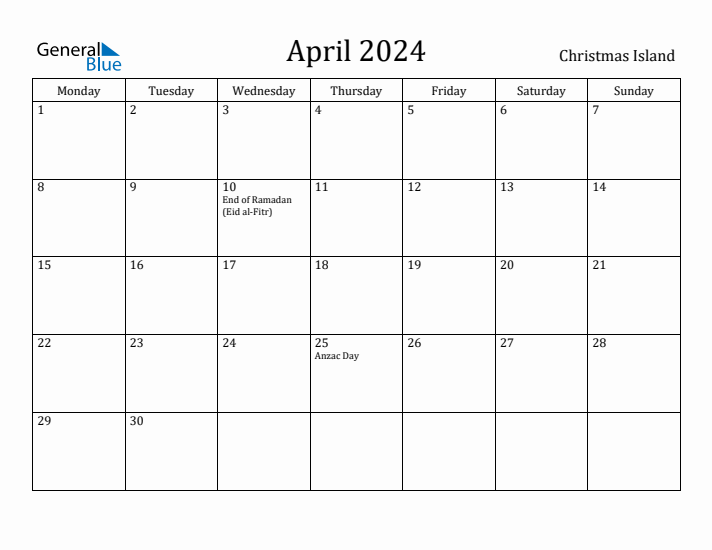 April 2024 Calendar Christmas Island