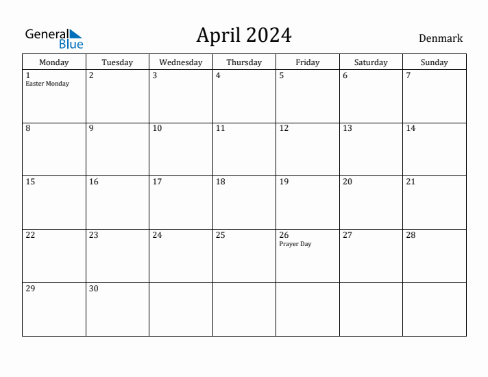 April 2024 Calendar Denmark