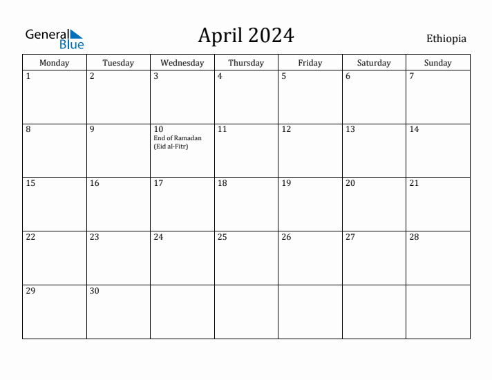 April 2024 Calendar Ethiopia