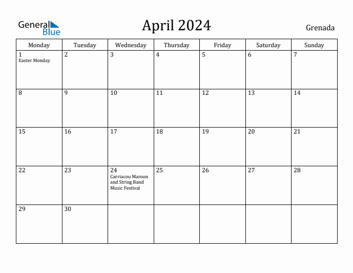 April 2024 Calendar Grenada