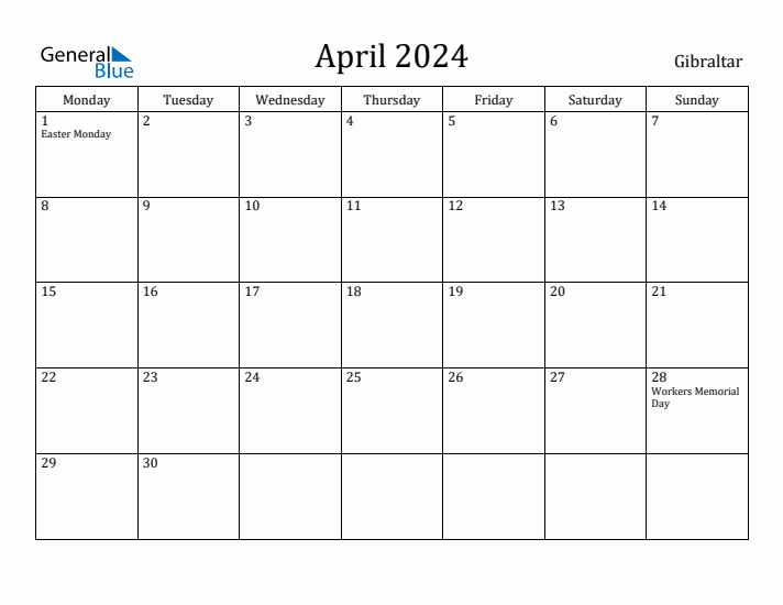April 2024 Calendar Gibraltar
