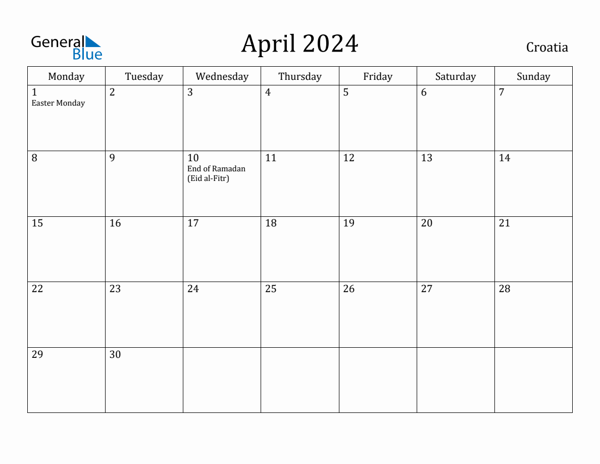 April 2024 Croatia Monthly Calendar with Holidays