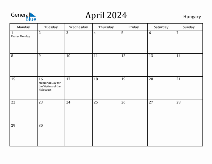 April 2024 Calendar Hungary