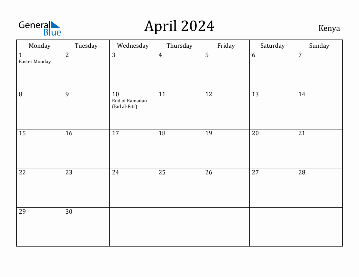 April 2024 Monthly Calendar with Kenya Holidays