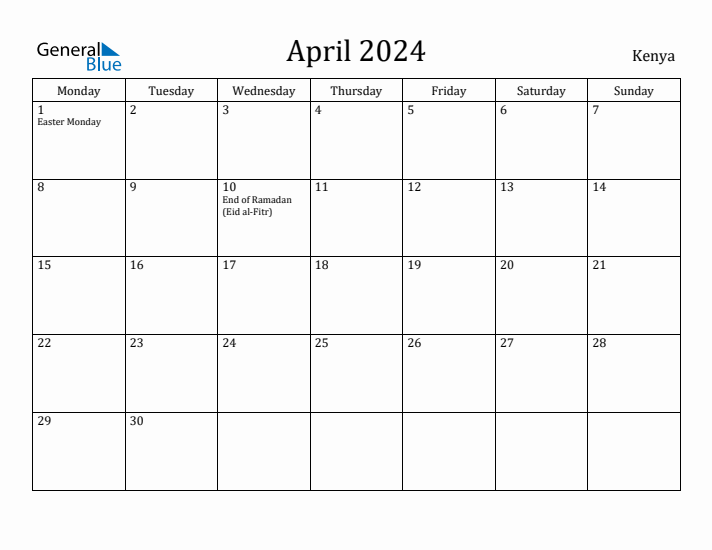 April 2024 Kenya Monthly Calendar with Holidays