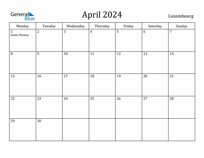 April 2024 Calendar Luxembourg