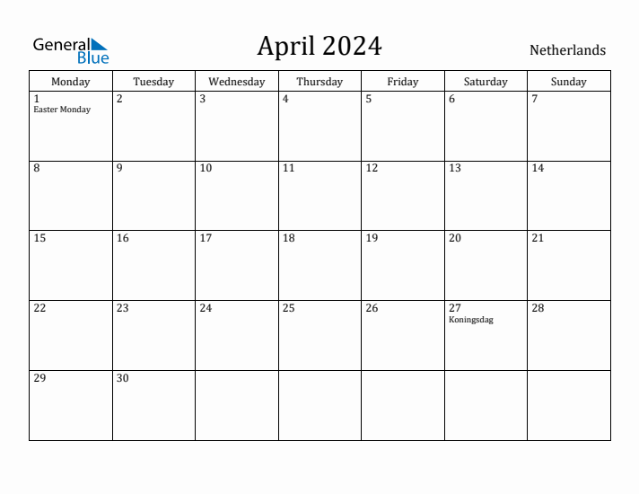April 2024 Calendar The Netherlands