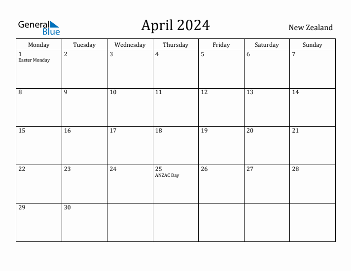 April 2024 Calendar New Zealand