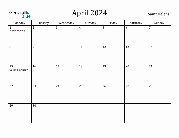April 2024 Calendar Saint Helena
