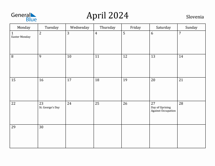 April 2024 Calendar Slovenia