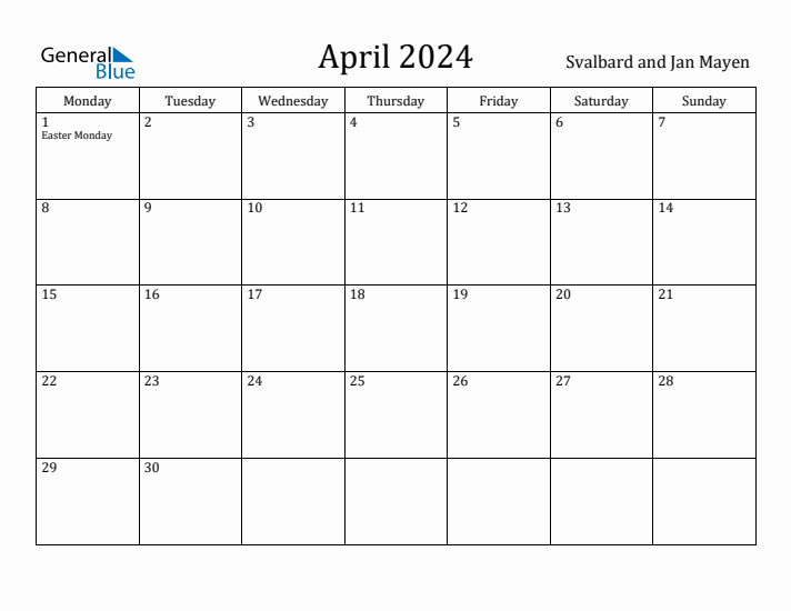 April 2024 Calendar Svalbard and Jan Mayen