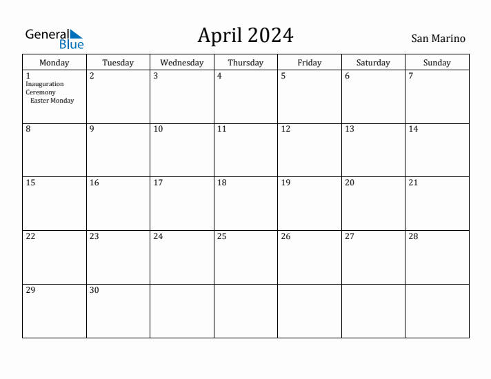 April 2024 Calendar San Marino