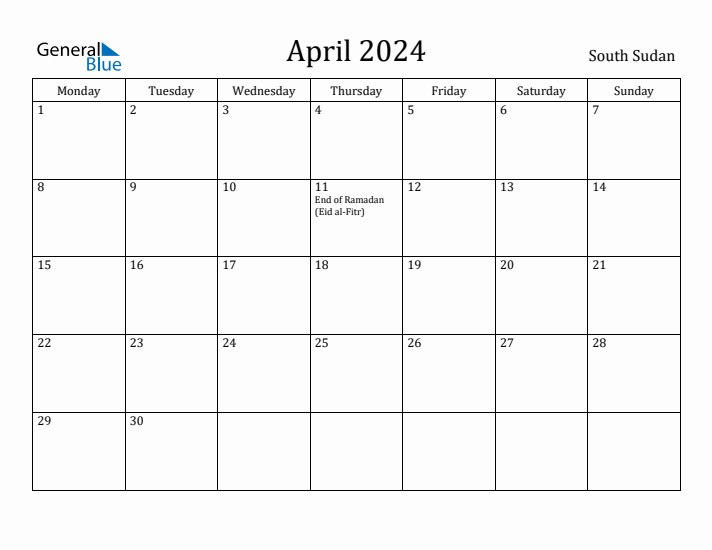 April 2024 Calendar South Sudan