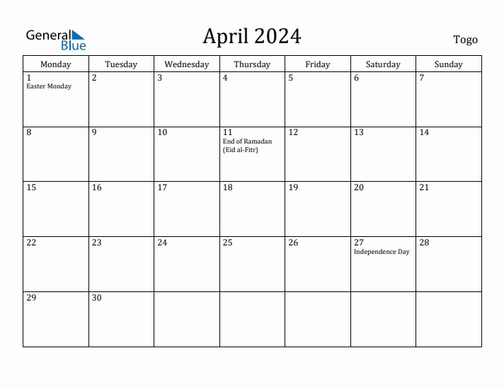 April 2024 Calendar Togo