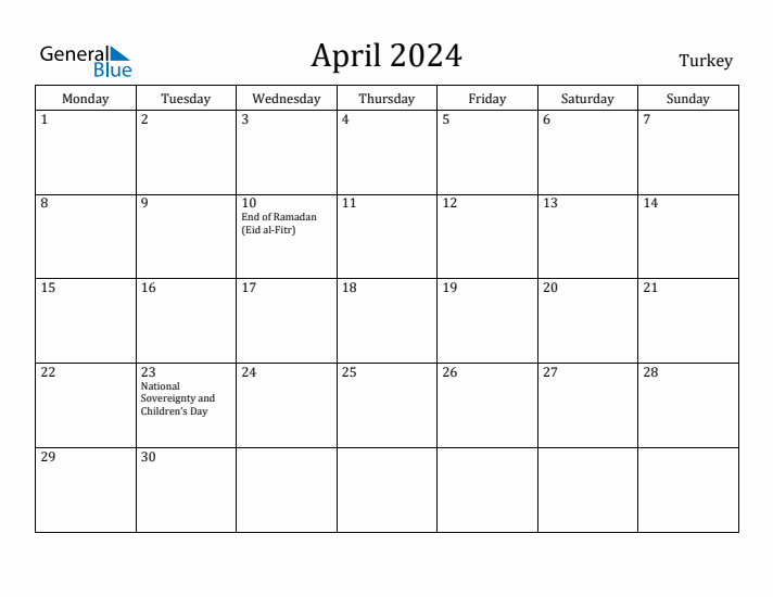 April 2024 Calendar Turkey