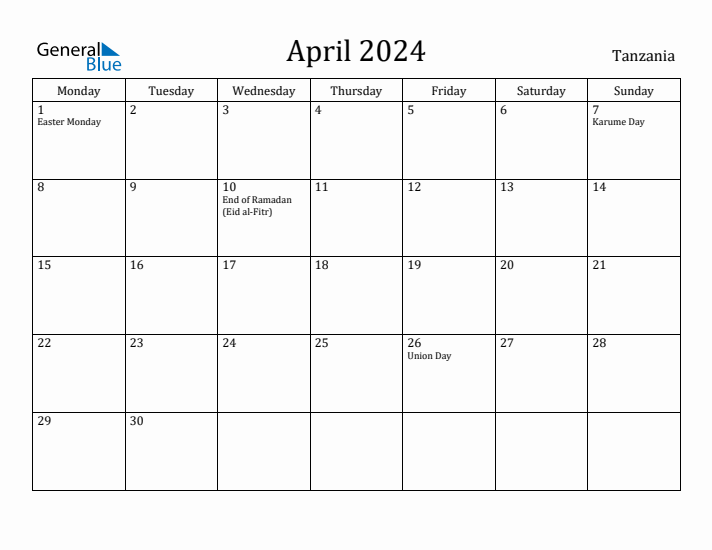 April 2024 Tanzania Monthly Calendar with Holidays