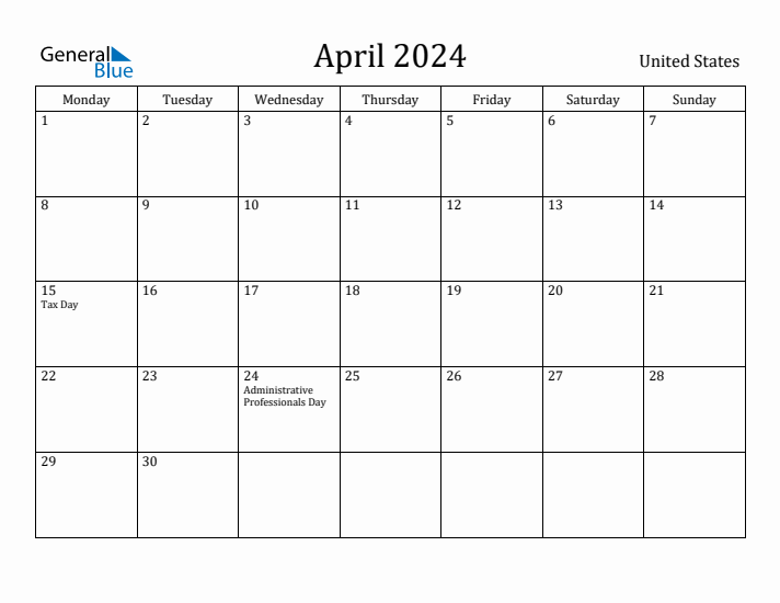 April 2024 United States Monthly Calendar with Holidays