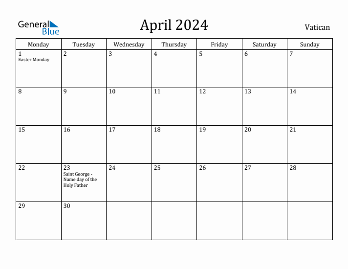 April 2024 Calendar Vatican