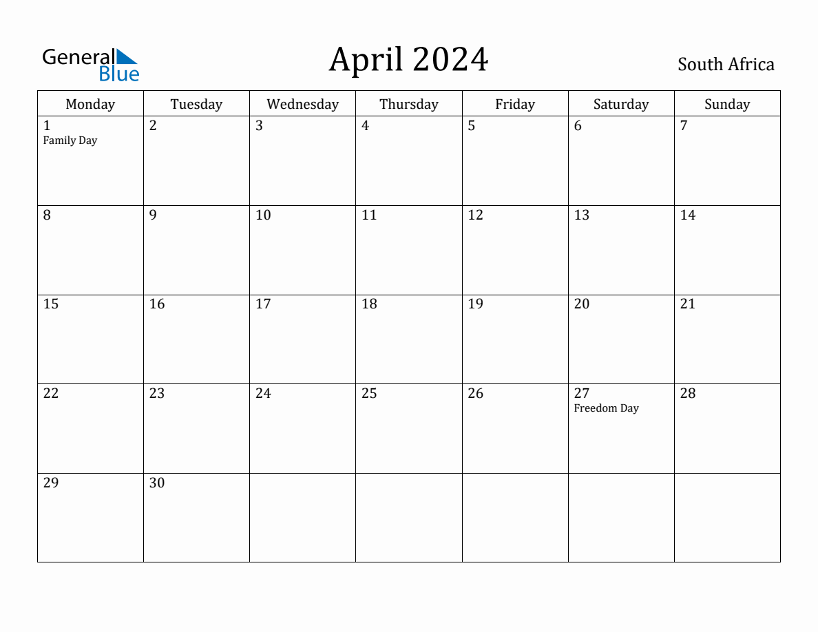 April 2024 South Africa Monthly Calendar with Holidays