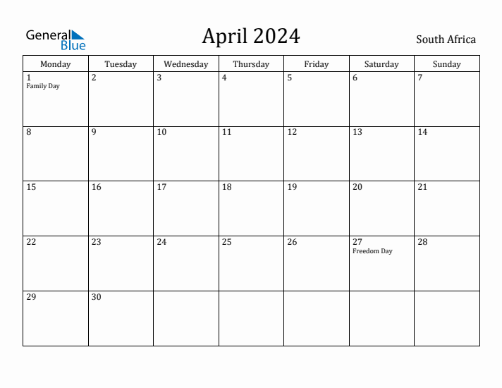 April 2024 Calendar South Africa
