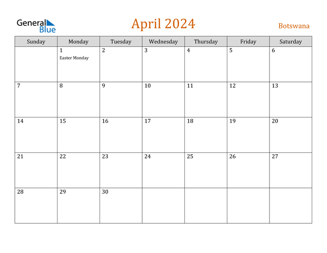 April 2024 Calendar with Botswana Holidays