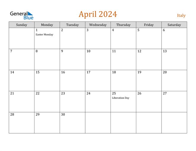 April 2024 Calendar with Italy Holidays