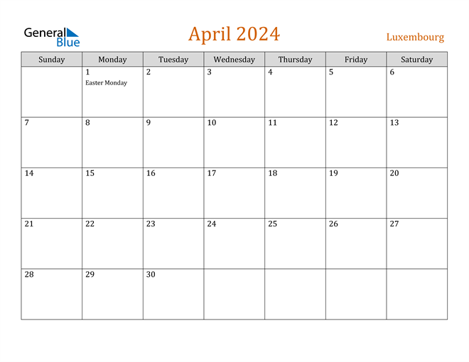 April 2024 Calendar with Luxembourg Holidays