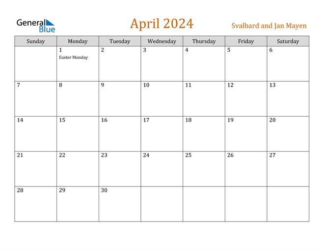 Svalbard and Jan Mayen April 2024 Calendar with Holidays